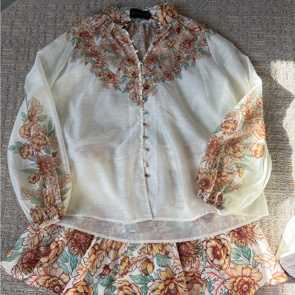 Floral Embroidered Sheer Blouse and skirt (set)
